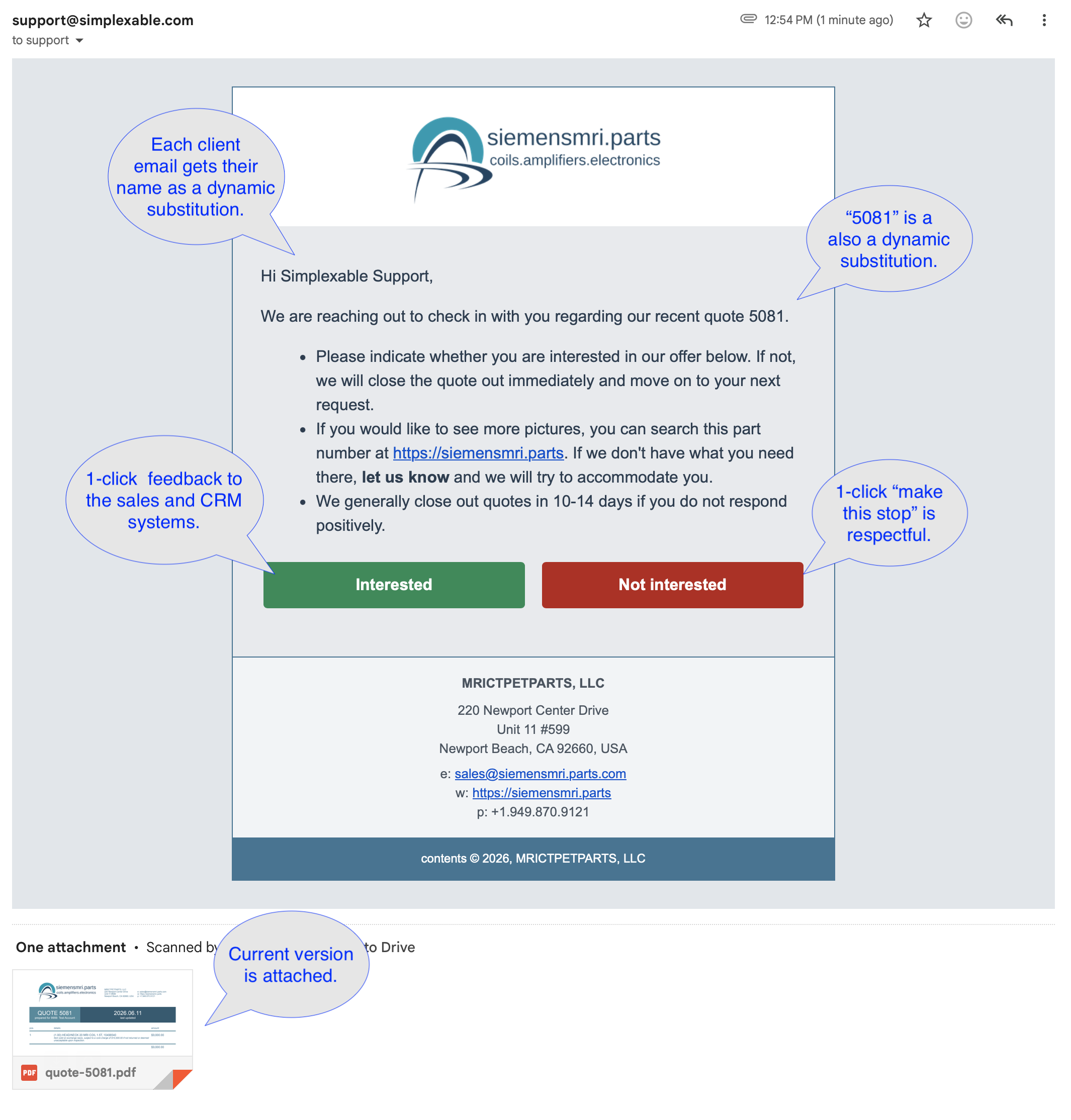 Customer-facing quote follow-up email with a clear one-click opt-out button.