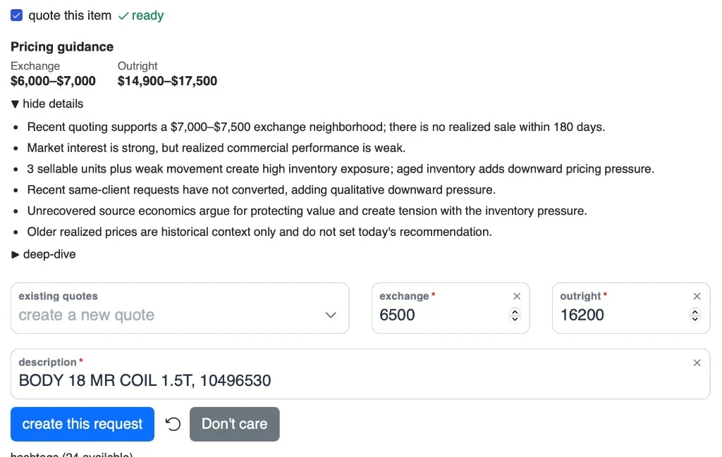Pricing guidance expanded to show bullet-point reasons while the deep-dive section remains collapsed.