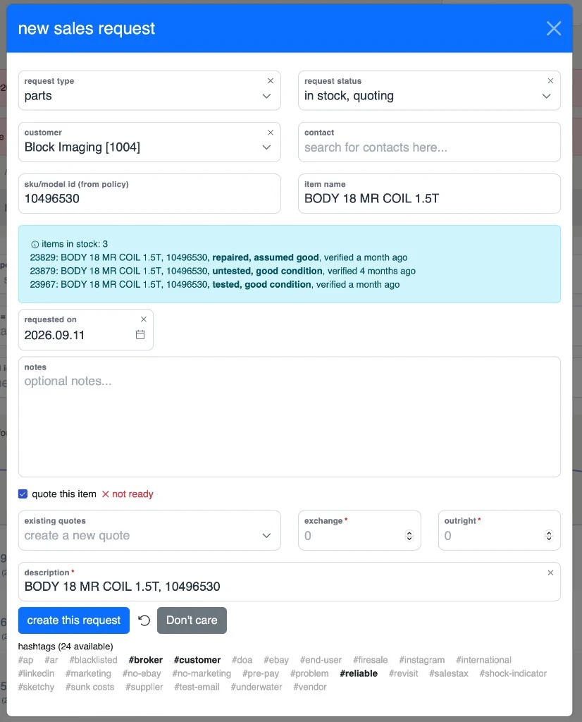 New sales request modal for SKU 10496530 listing three sellable inventory units and a checked quote-this-item control.